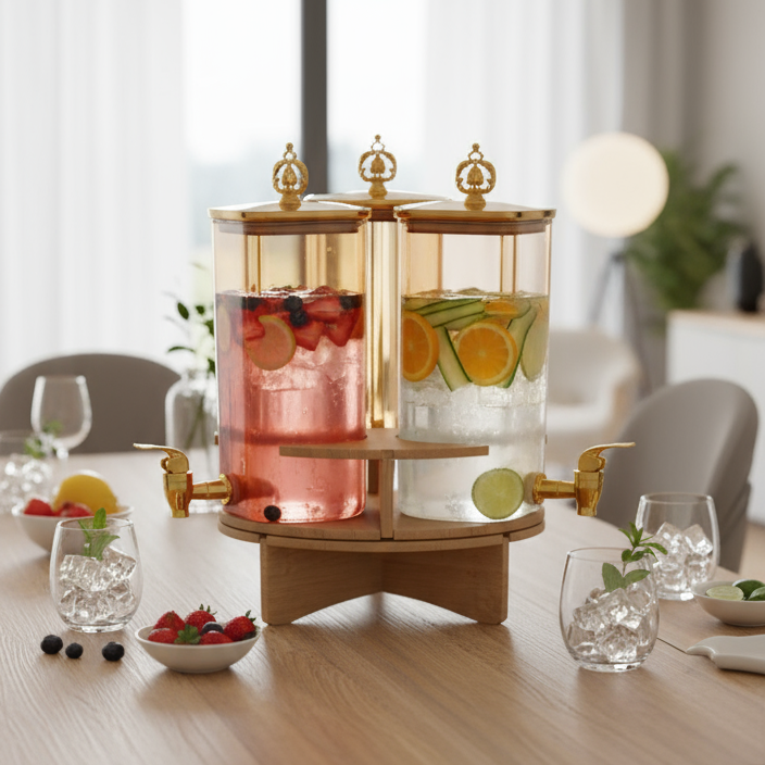 Triple Glass Beverage Dispenser with Wooden Stand