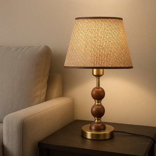 Rustic Woven Rattan Table Lamp with Wood and Brass Accents