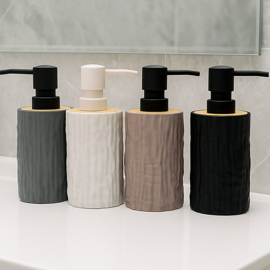 Modern Soap Dispenser Textured with Wood Accent & Matte Black Pump