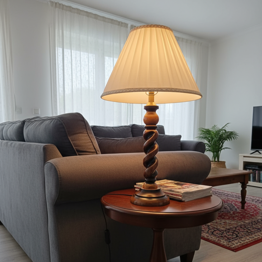 Elegant Twisted-Base Wooden Table Lamp with Pleated Shade