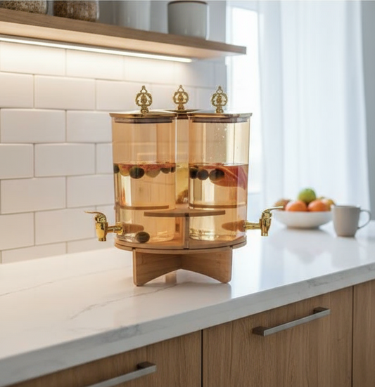 Triple Glass Beverage Dispenser with Wooden Stand