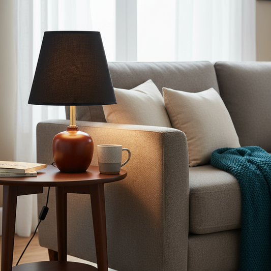 Table Lamp with Black fabric lampshade and textured surface