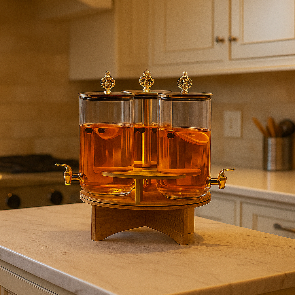 Triple Glass Beverage Dispenser with Wooden Stand