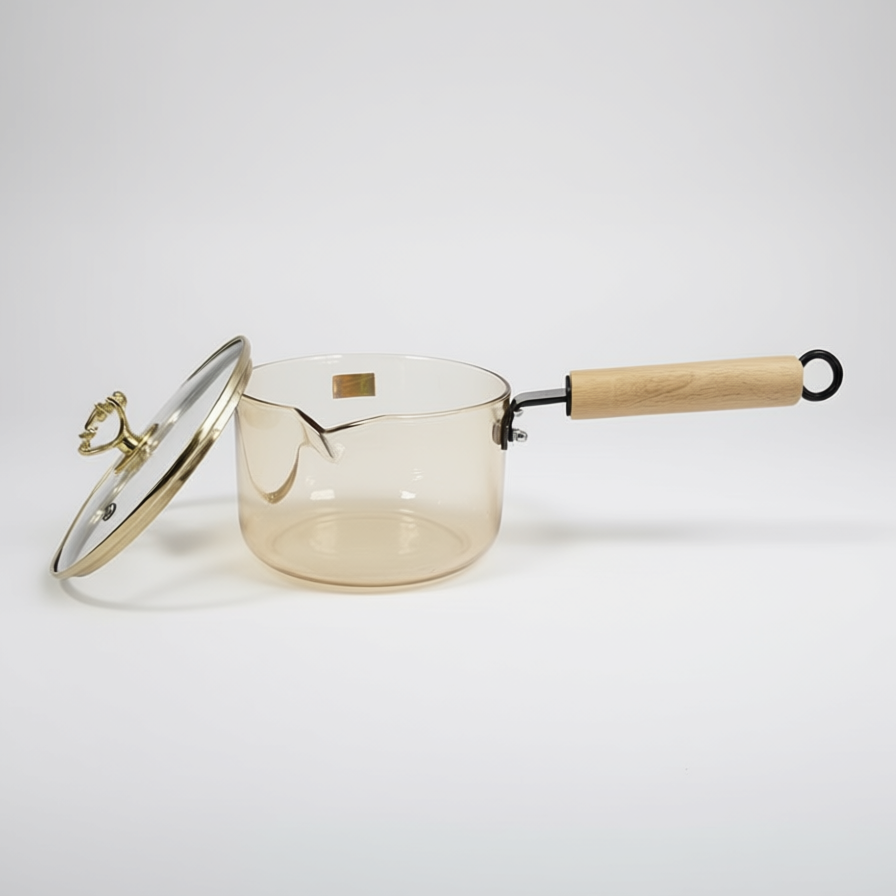 Multipurpose Glass Saucepan with Wooden Lid and handle | 1800ml