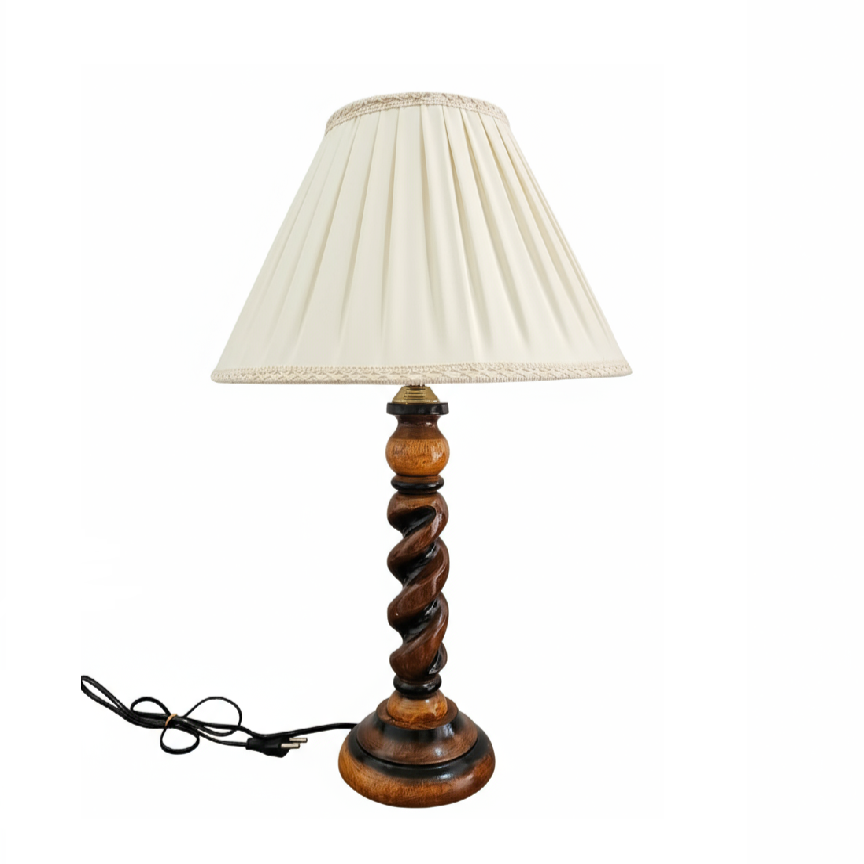 Elegant Twisted-Base Wooden Table Lamp with Pleated Shade