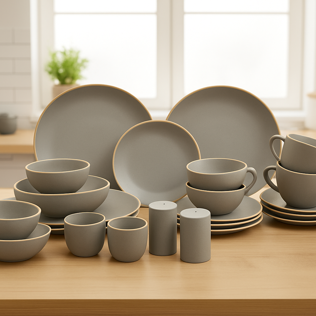 35-Piece Elan Premium Ceramic Dinnerware Set – Matte Gray with Golden Rim
