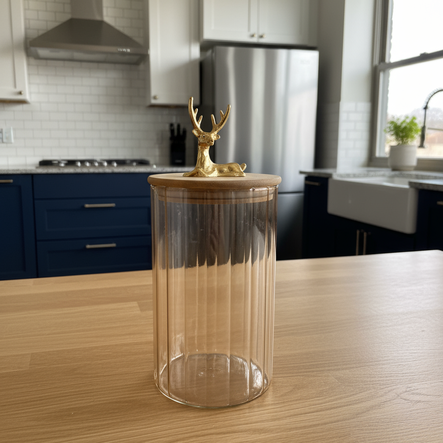 Amber Glass Canisters with Wooden Lids and Gold Deer Handles