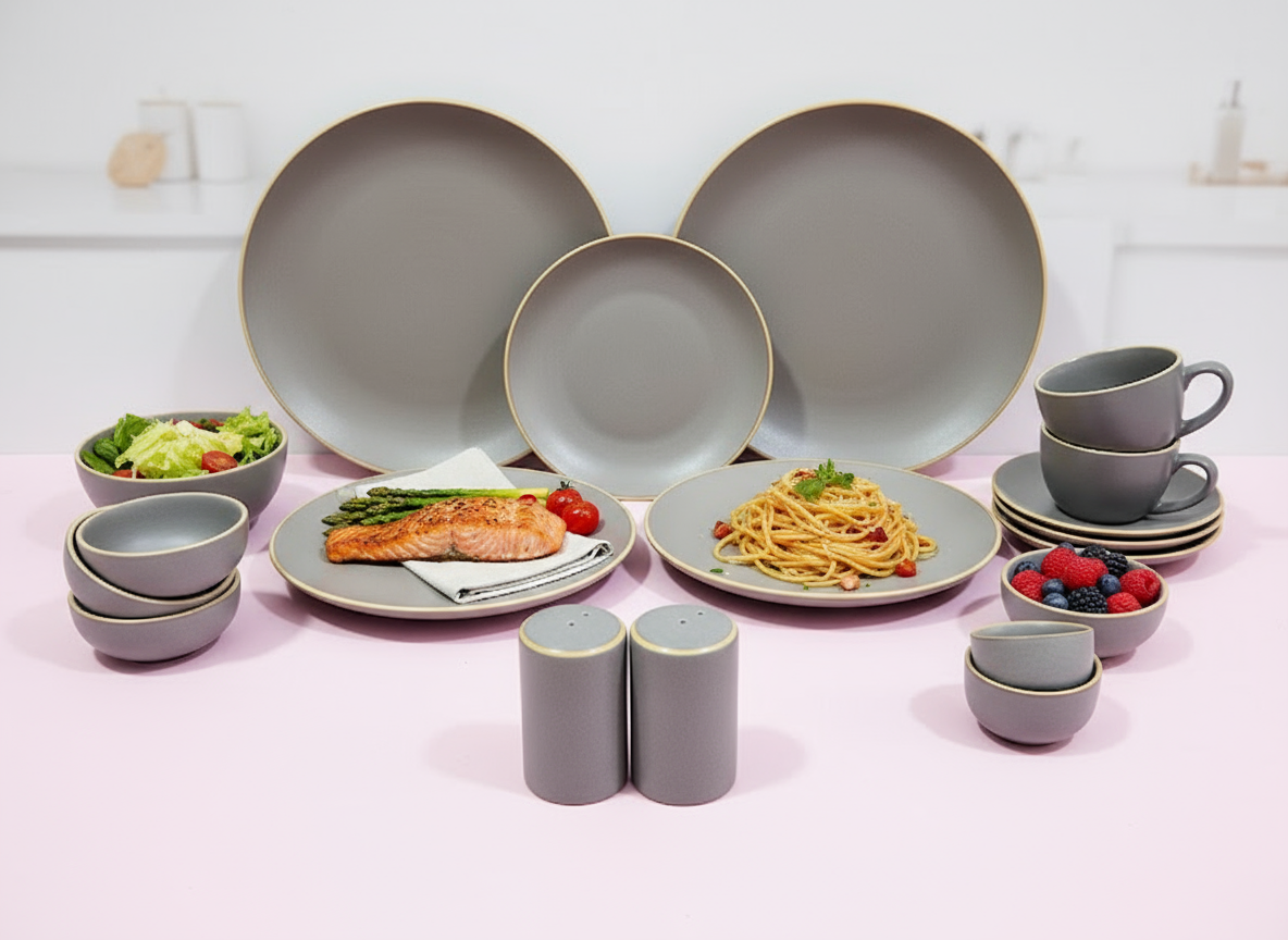 Elan Gray & Gold Rimmed Dinnerware Set – 20-Piece Collection