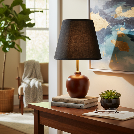Table Lamp with Black fabric lampshade and textured surface