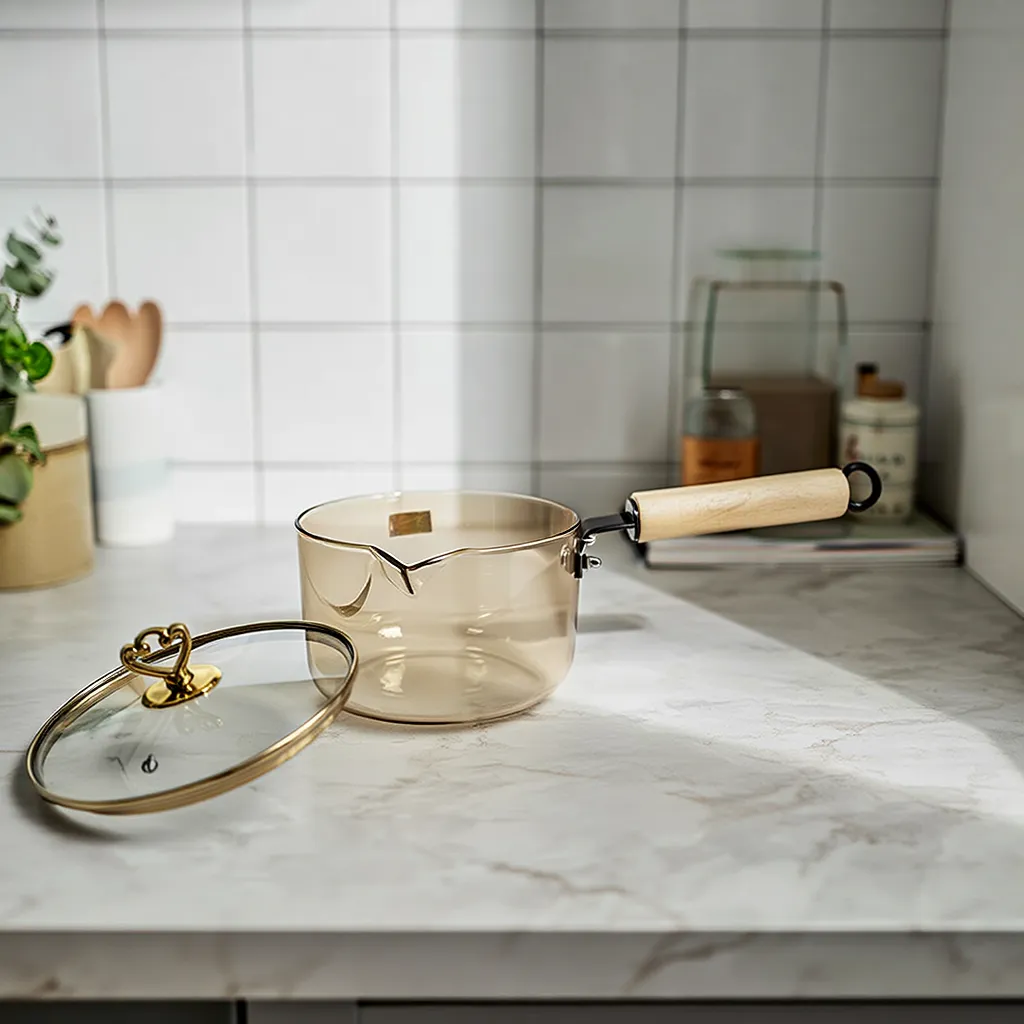 Multipurpose Glass Saucepan with Wooden Lid and handle | 1800ml