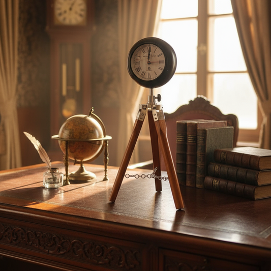 Nautical Tripod Table Clock | Vintage Brass & Wood Desk Watch