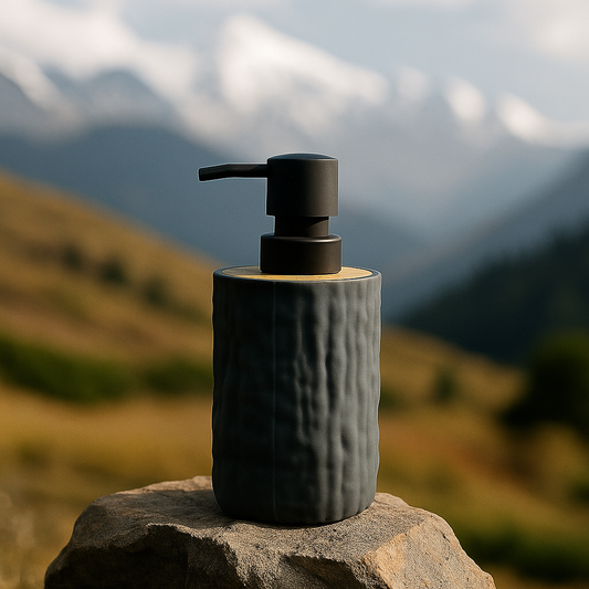 Modern Soap Dispenser Textured with Wood Accent & Matte Black Pump