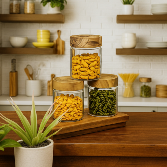 Wooden Lid Glass Jar  |  Set of Three