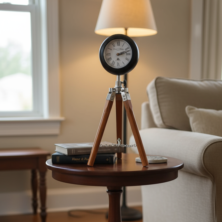 Nautical Tripod Table Clock | Vintage Brass & Wood Desk Watch