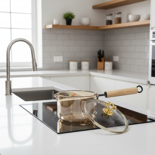 Multipurpose Glass Saucepan with Wooden Lid and handle | 1800ml