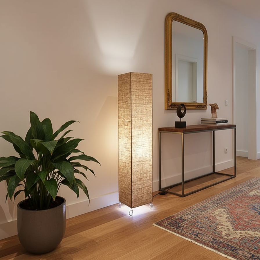Modern Rectangular Column Floor Lamp with Natural Linen Fabric Shade