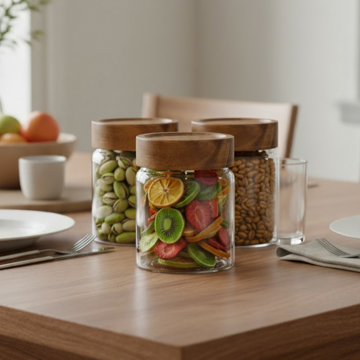Wooden Lid Glass Jar  |  Set of Three