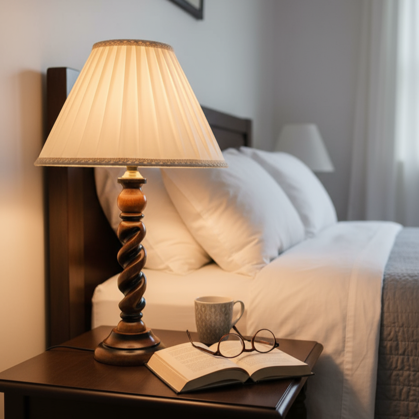 Elegant Twisted-Base Wooden Table Lamp with Pleated Shade