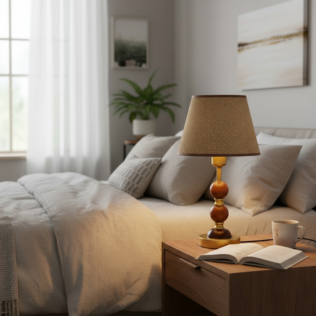 Rustic Woven Rattan Table Lamp with Wood and Brass Accents