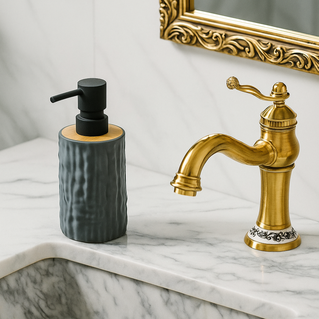 Modern Soap Dispenser Textured with Wood Accent & Matte Black Pump