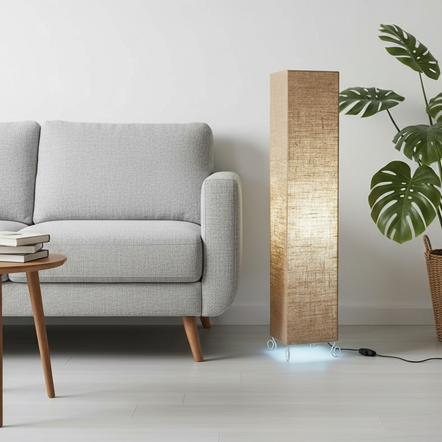 Modern Rectangular Column Floor Lamp with Natural Linen Fabric Shade