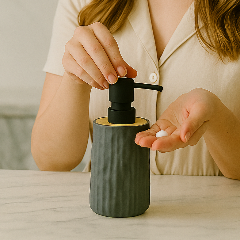 Modern Soap Dispenser Textured with Wood Accent & Matte Black Pump
