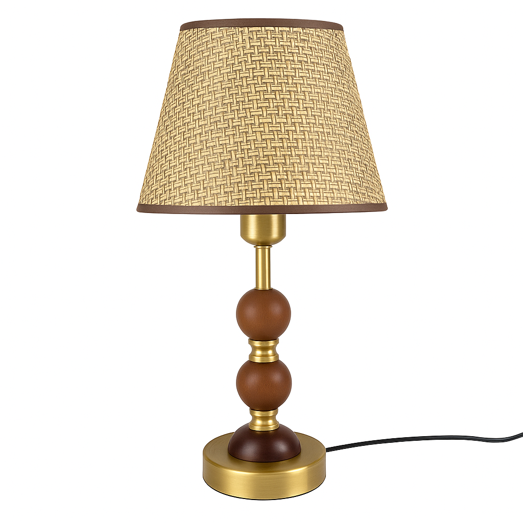 Rustic Woven Rattan Table Lamp with Wood and Brass Accents