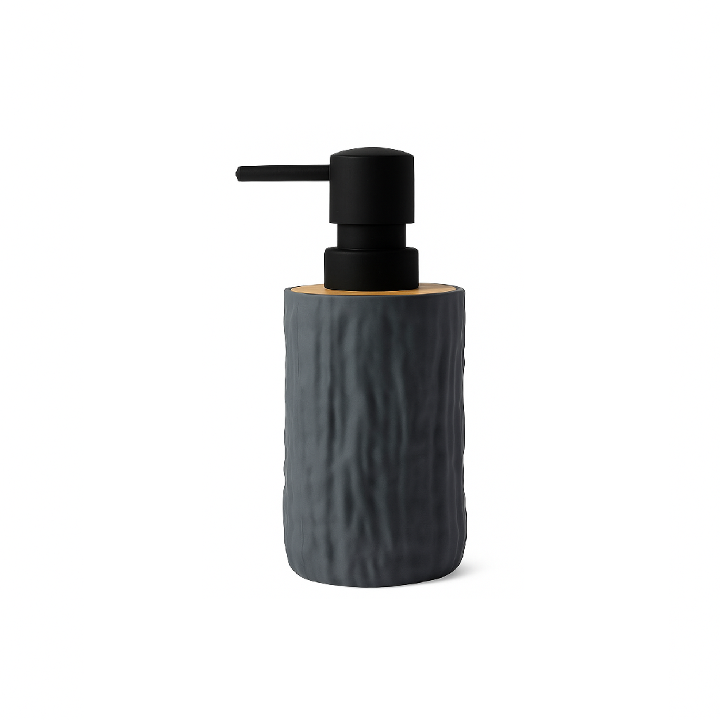 Modern Soap Dispenser Textured with Wood Accent & Matte Black Pump
