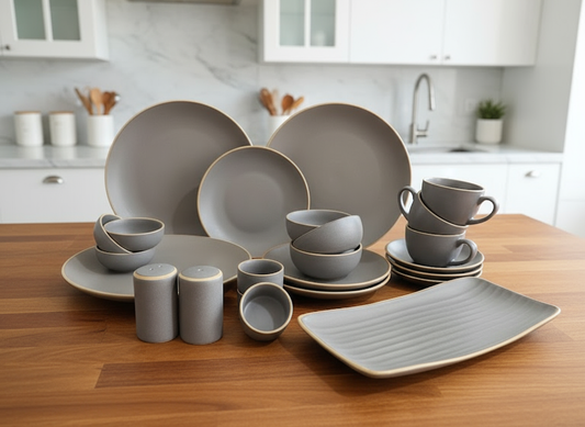 Premium Elan 21-Piece Ceramic Dinnerware Set – Gray & Gold Rimmed Elegance