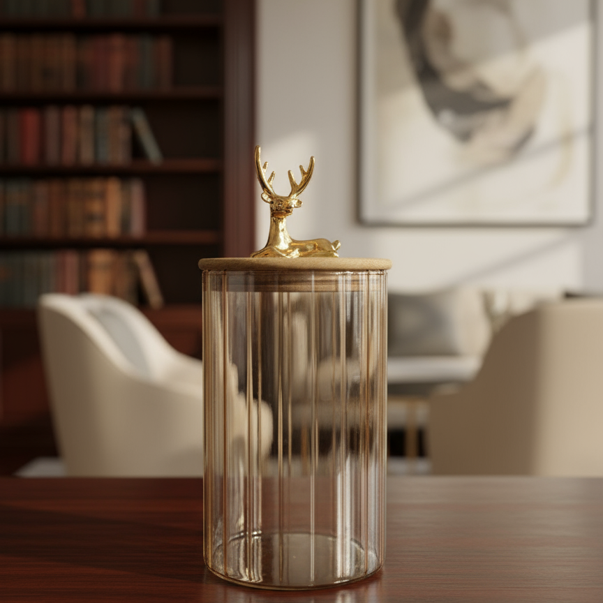 Amber Glass Canisters with Wooden Lids and Gold Deer Handles