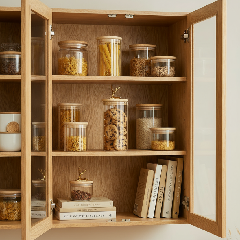 Amber Glass Canisters with Wooden Lids and Gold Deer Handles