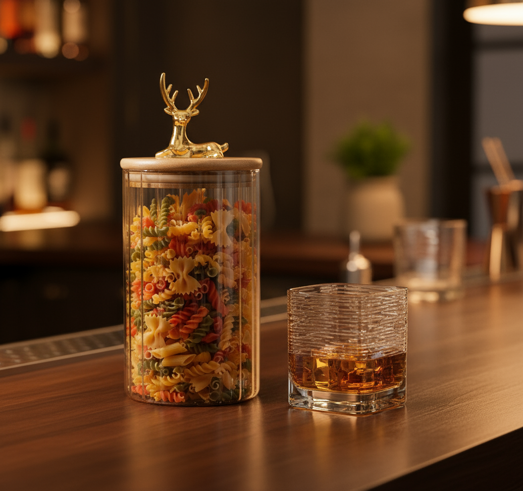 Amber Glass Canisters with Wooden Lids and Gold Deer Handles