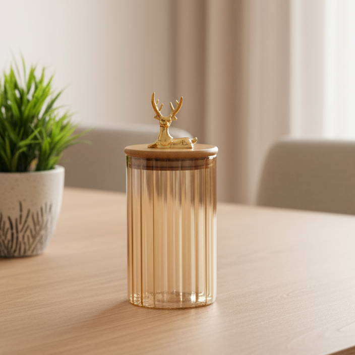 Amber Glass Canisters with Wooden Lids and Gold Deer Handles