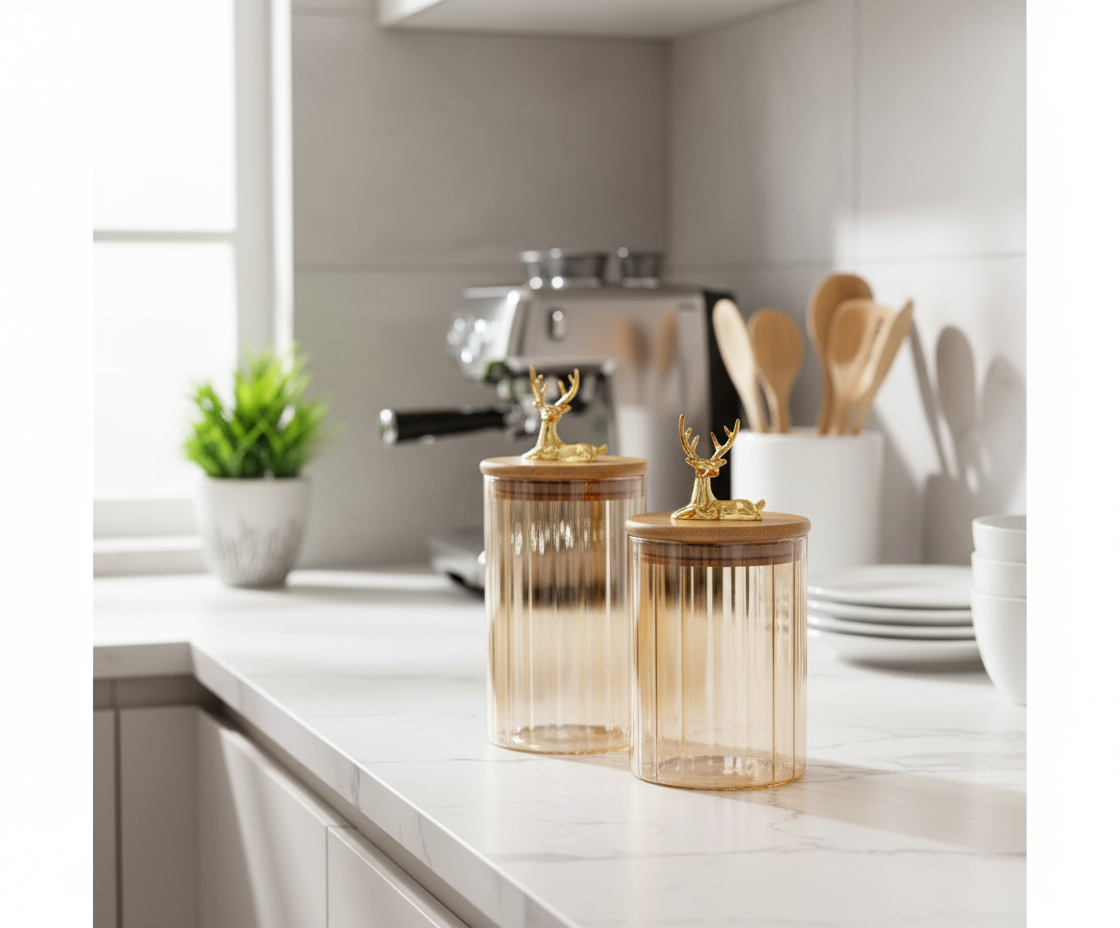Amber Glass Canisters with Wooden Lids and Gold Deer Handles