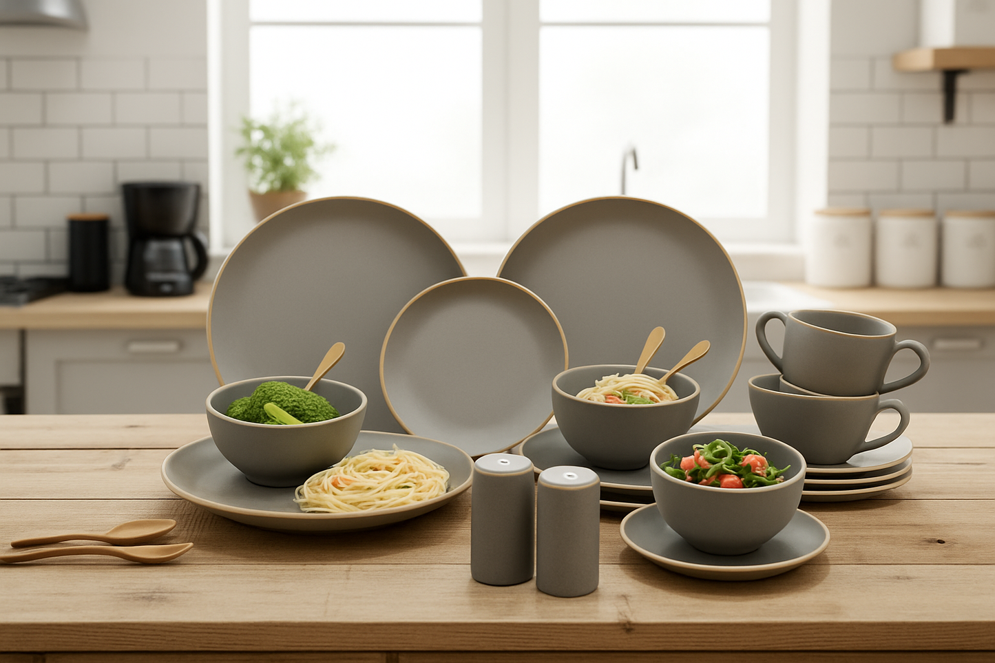 Elan Gray & Gold Rimmed Dinnerware Set – 20-Piece Collection