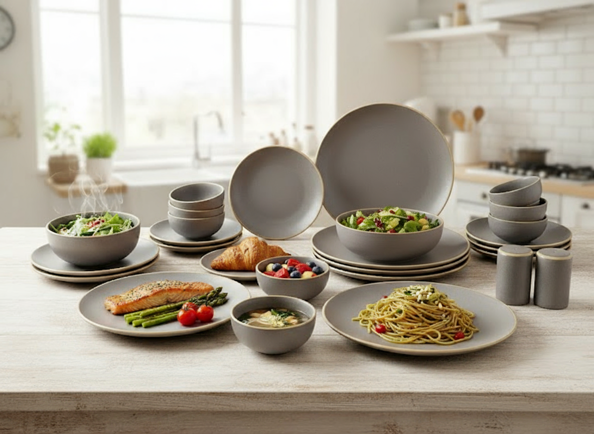 35-Piece Elan Premium Ceramic Dinnerware Set – Matte Gray with Golden Rim