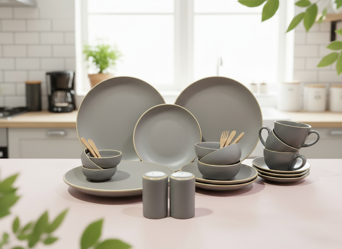 Elan Gray & Gold Rimmed Dinnerware Set – 20-Piece Collection